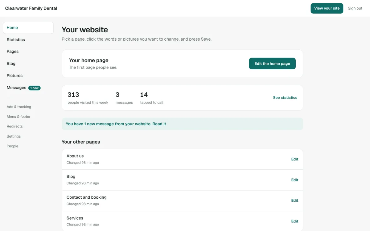 The site dashboard: pages, visitors this week, messages and calls